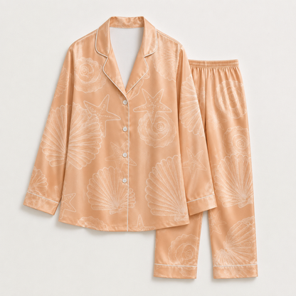 PJ-M151-Peach Seashell Sketch Satin Pajamas Minimalist Starfish Coastal Sleepwear Pjs