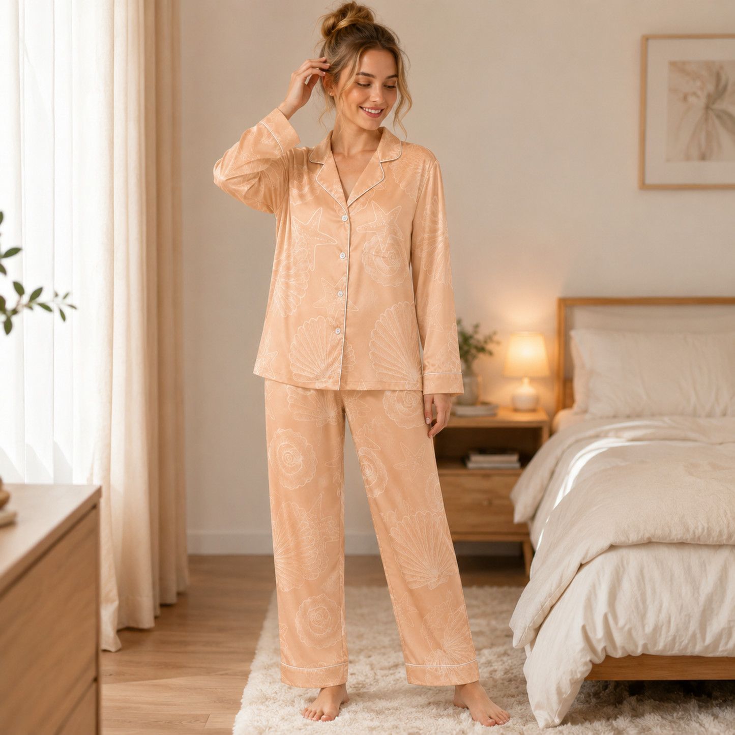 PJ-M151-Peach Seashell Sketch Satin Pajamas Minimalist Starfish Coastal Sleepwear Pjs