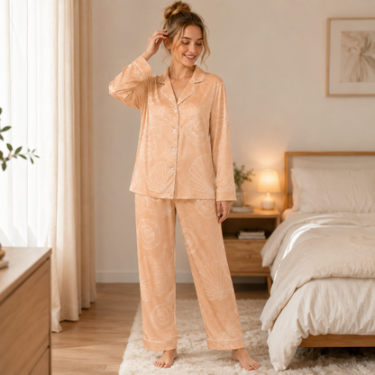 PJ-M151-Peach Seashell Sketch Satin Pajamas Minimalist Starfish Coastal Sleepwear Pjs