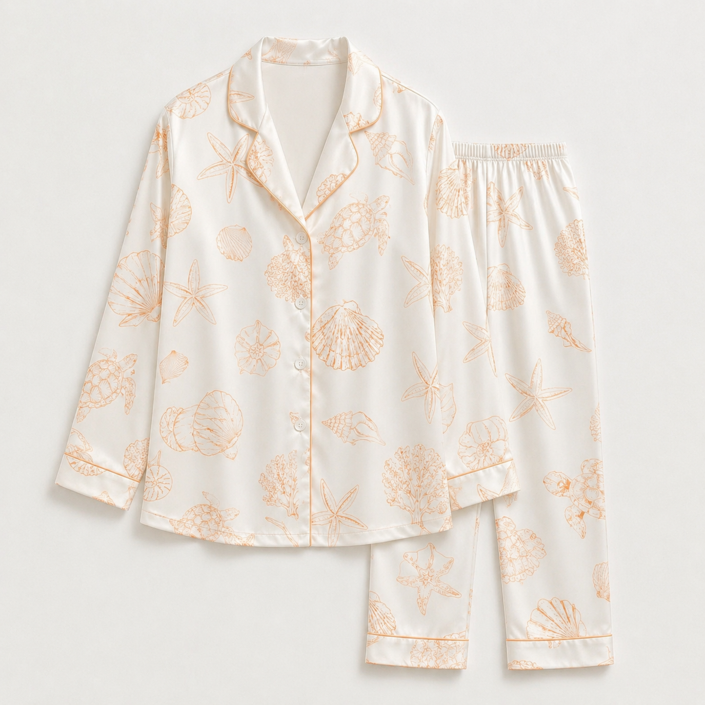 PJ-M152-Orange Sea Turtle Seashell Sketch Satin Pajamas Coastal Line Art Sleepwear Pjs