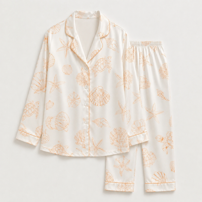 PJ-M152-Orange Sea Turtle Seashell Sketch Satin Pajamas Coastal Line Art Sleepwear Pjs