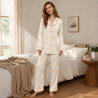 PJ-M152-Orange Sea Turtle Seashell Sketch Satin Pajamas Coastal Line Art Sleepwear Pjs