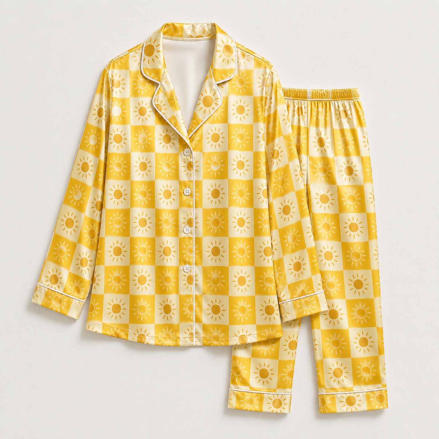 PJ-M153-Yellow Satin Checkerboard Pajama Apparel, Bright Sun Pattern Loungewear Sleepwear Collection Top Bottom Clothing