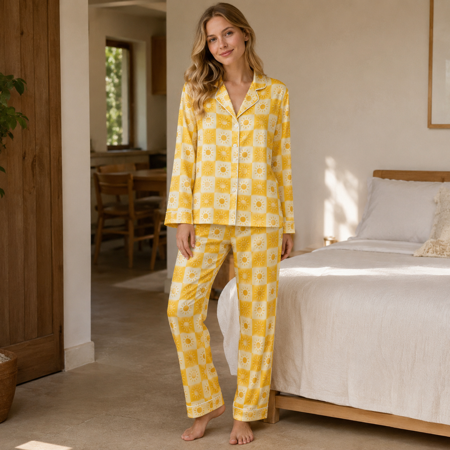 PJ-M153-Yellow Satin Checkerboard Pajama Apparel, Bright Sun Pattern Loungewear Sleepwear Collection Top Bottom Clothing