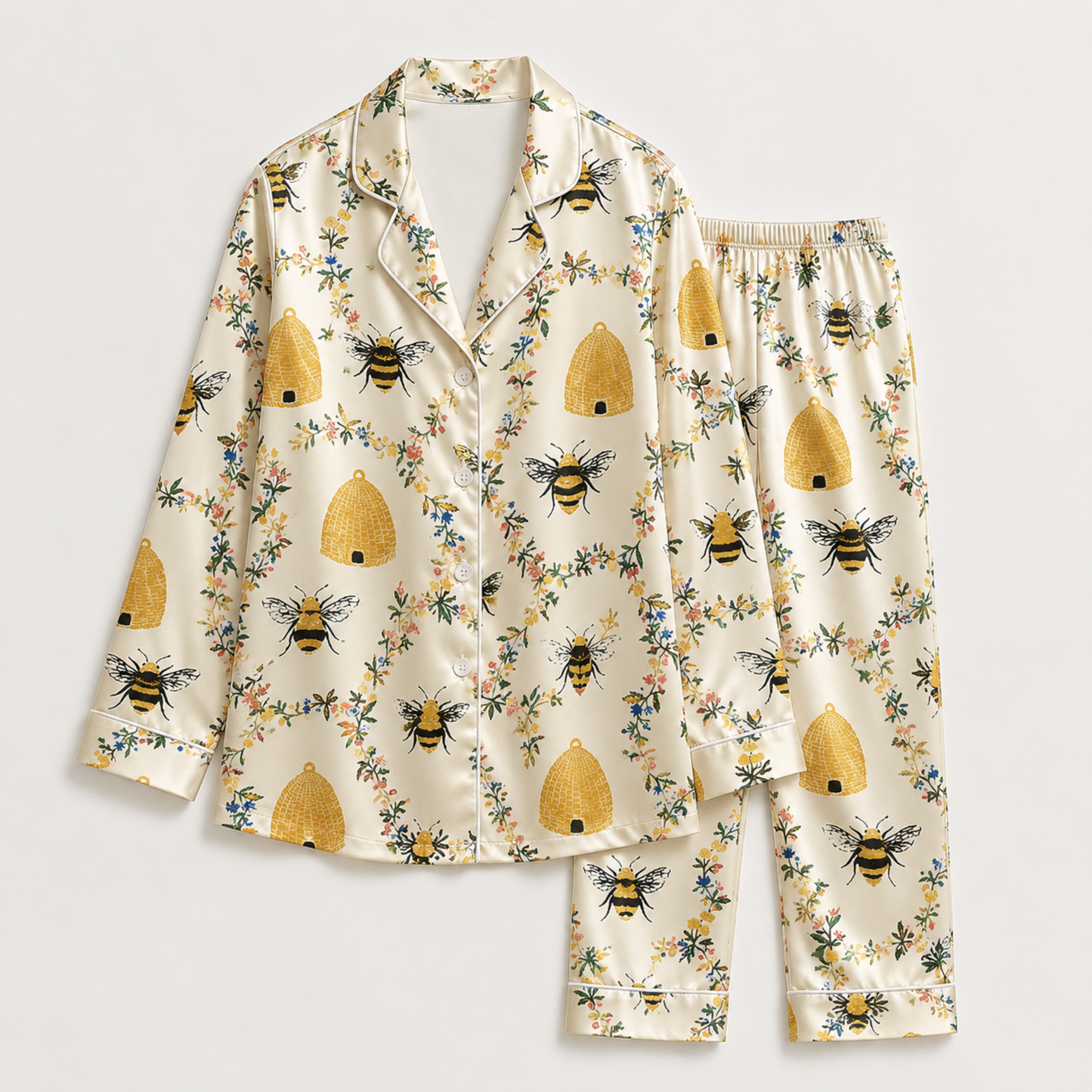 PJ-M155-Honey Bee Floral Satin Pajama Set Ivory Sleepwear Two Piece Loungewear Button Up Pjs