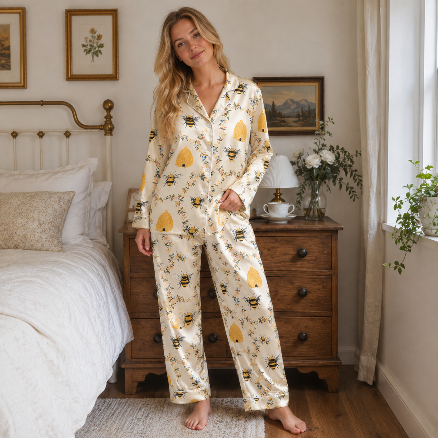 PJ-M155-Honey Bee Floral Satin Pajama Set Ivory Sleepwear Two Piece Loungewear Button Up Pjs