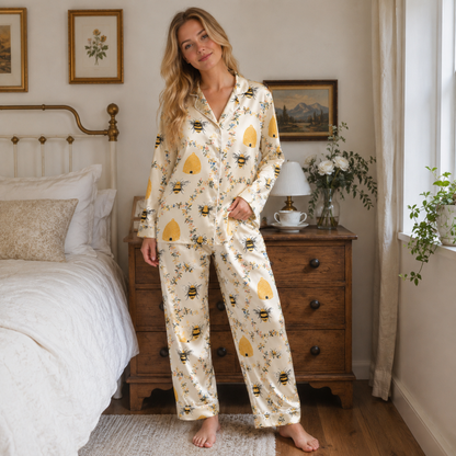 PJ-M155-Honey Bee Floral Satin Pajama Set Ivory Sleepwear Two Piece Loungewear Button Up Pjs