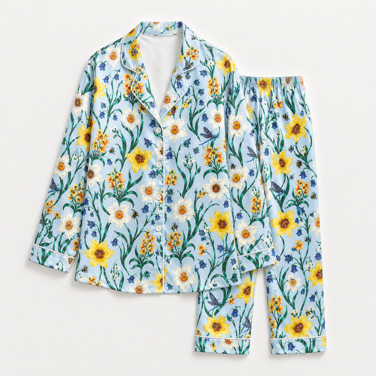 PJ-M156-Light Blue Wildflower Satin Pajamas Botanical Garden Sleepwear Two Piece Button Up Loungewear
