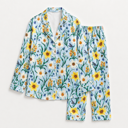 PJ-M156-Light Blue Wildflower Satin Pajamas Botanical Garden Sleepwear Two Piece Button Up Loungewear