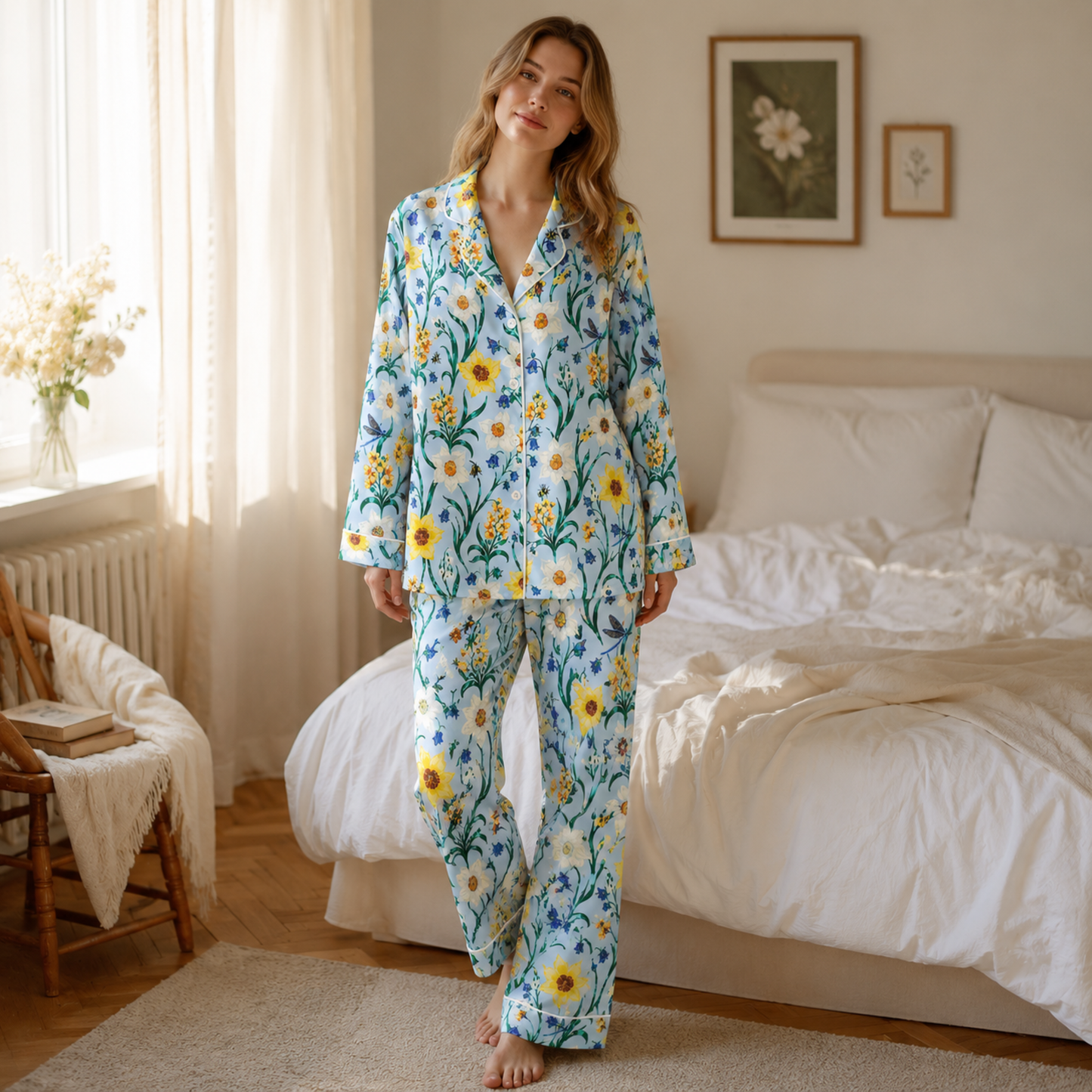 PJ-M156-Light Blue Wildflower Satin Pajamas Botanical Garden Sleepwear Two Piece Button Up Loungewear