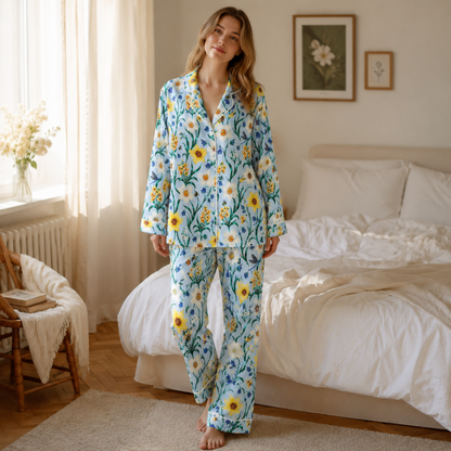 PJ-M156-Light Blue Wildflower Satin Pajamas Botanical Garden Sleepwear Two Piece Button Up Loungewear