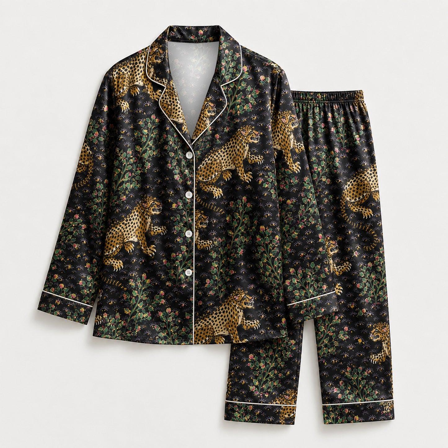 PJ-M157-Black Jungle Leopard Satin Pajama Set Animal Print Two Piece Sleepwear Button Up Loungewear