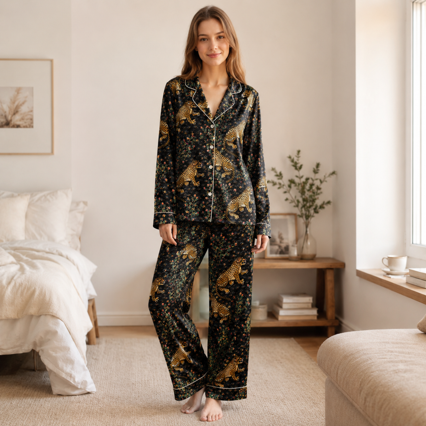 PJ-M157-Black Jungle Leopard Satin Pajama Set Animal Print Two Piece Sleepwear Button Up Loungewear