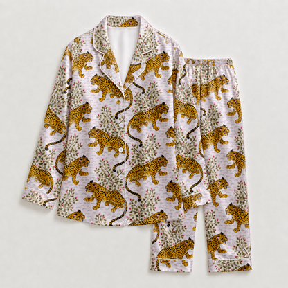 PJ-M158-White Leopard Satin Pajama Set Floral Animal Print Two Piece Sleepwear Button Down Pjs