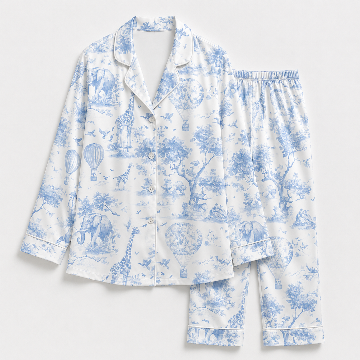 PJ-M159-Vintage Toile Safari Animal Satin Pajama Set Hot Air Balloon Two Piece Sleepwear Button Up Loungewear
