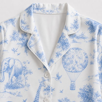 PJ-M159-Vintage Toile Safari Animal Satin Pajama Set Hot Air Balloon Two Piece Sleepwear Button Up Loungewear