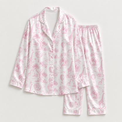 PJ-M159-Vintage Toile Safari Animal Satin Pajama Set Hot Air Balloon Two Piece Sleepwear Button Up Loungewear