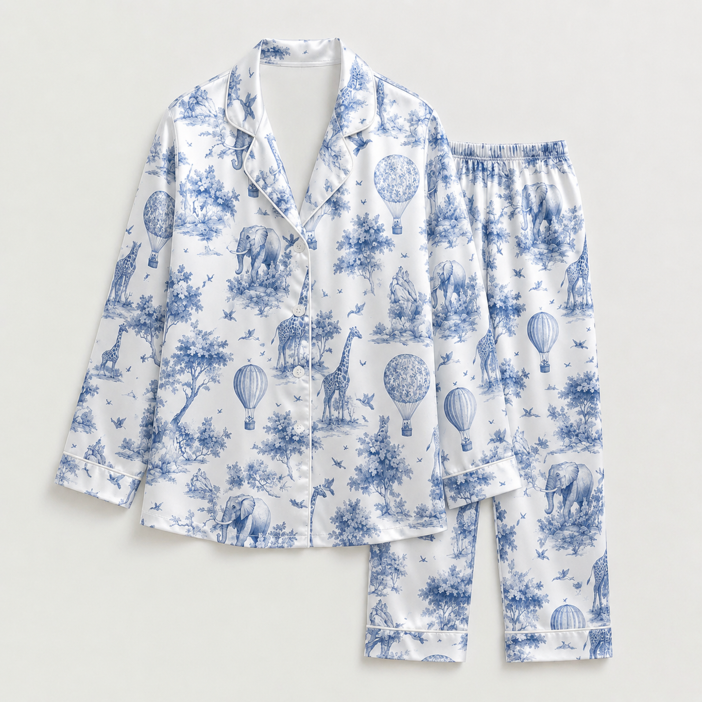 PJ-M159-Vintage Toile Safari Animal Satin Pajama Set Hot Air Balloon Two Piece Sleepwear Button Up Loungewear