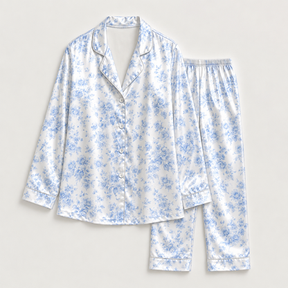 PJ-M160-Light Blue Floral Satin Pajama Set Ditsy Rose Two Piece Sleepwear Button Front Loungewear