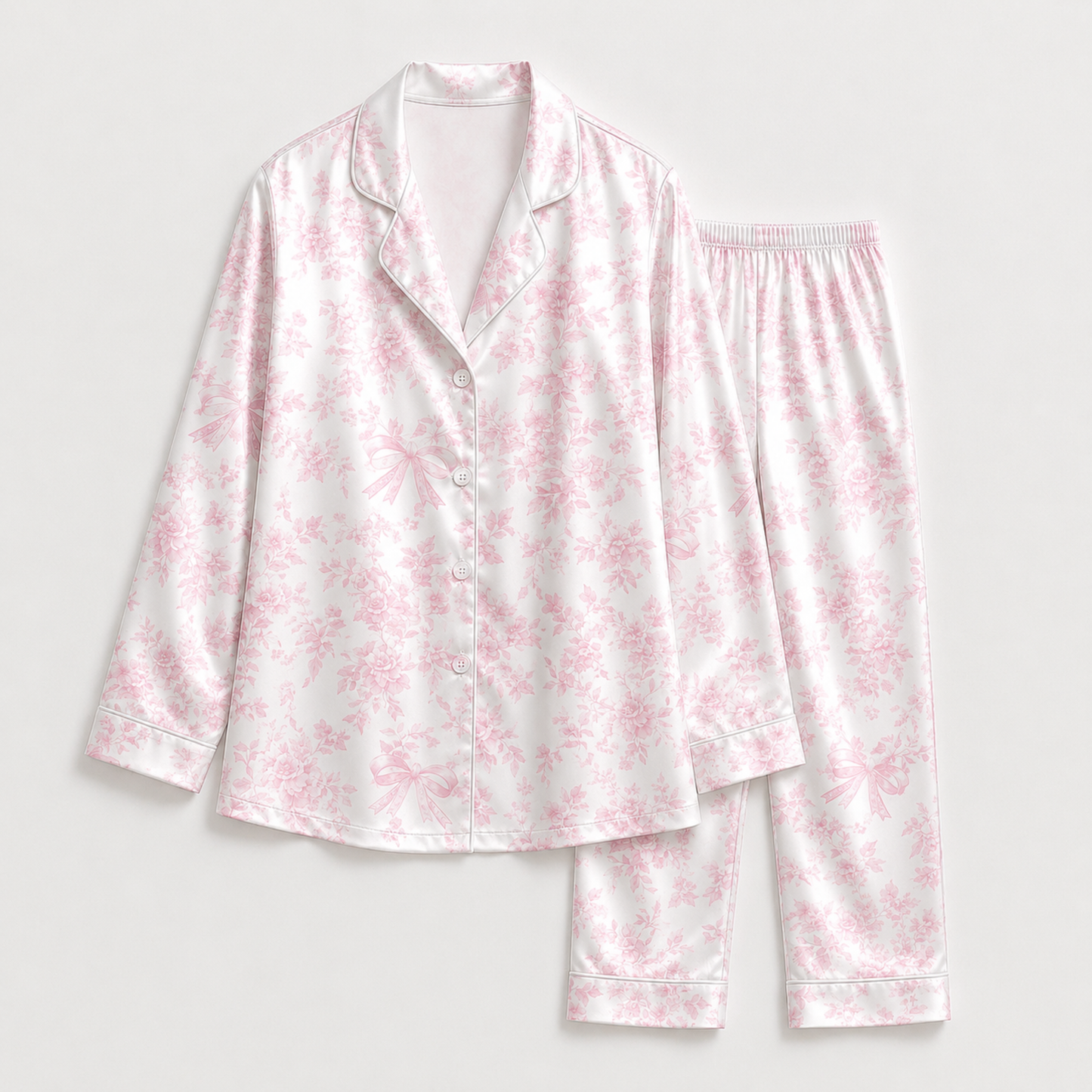 PJ-M161-Pink Floral Bow Satin Pajama Set Coquette Two Piece Sleepwear Button Front Loungewear