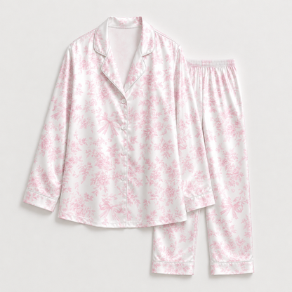 PJ-M161-Pink Floral Bow Satin Pajama Set Coquette Two Piece Sleepwear Button Front Loungewear