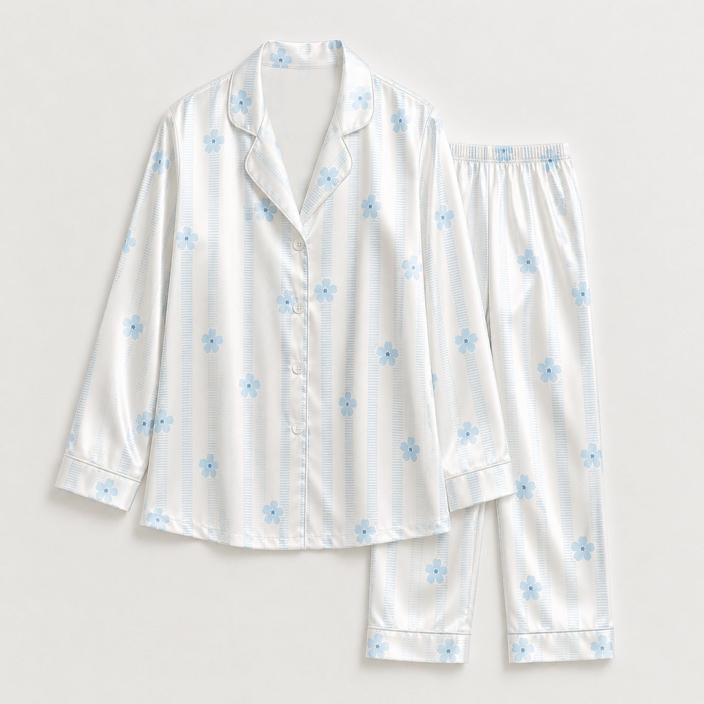 PJ-M162-Blue Floral Striped Satin Pajama Set Daisy Two Piece Sleepwear Button Up Loungewear