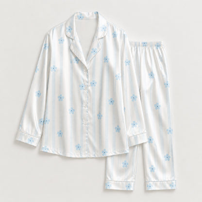 PJ-M162-Blue Floral Striped Satin Pajama Set Daisy Two Piece Sleepwear Button Up Loungewear