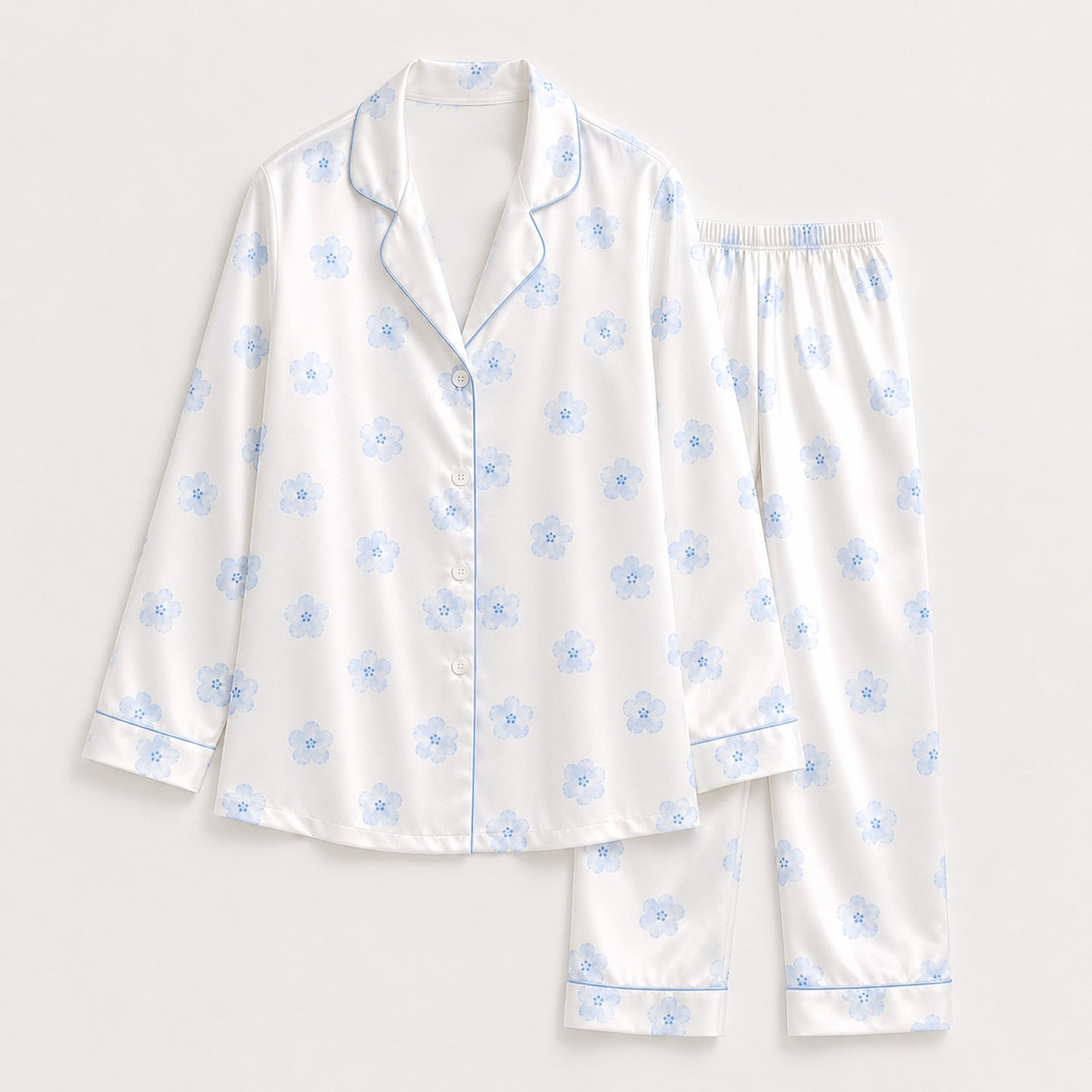 PJ-M163-White Light Blue Floral Satin Pajama Set Two Piece Sleepwear Button Up Daisy Loungewear