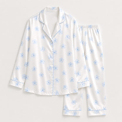 PJ-M163-White Light Blue Floral Satin Pajama Set Two Piece Sleepwear Button Up Daisy Loungewear