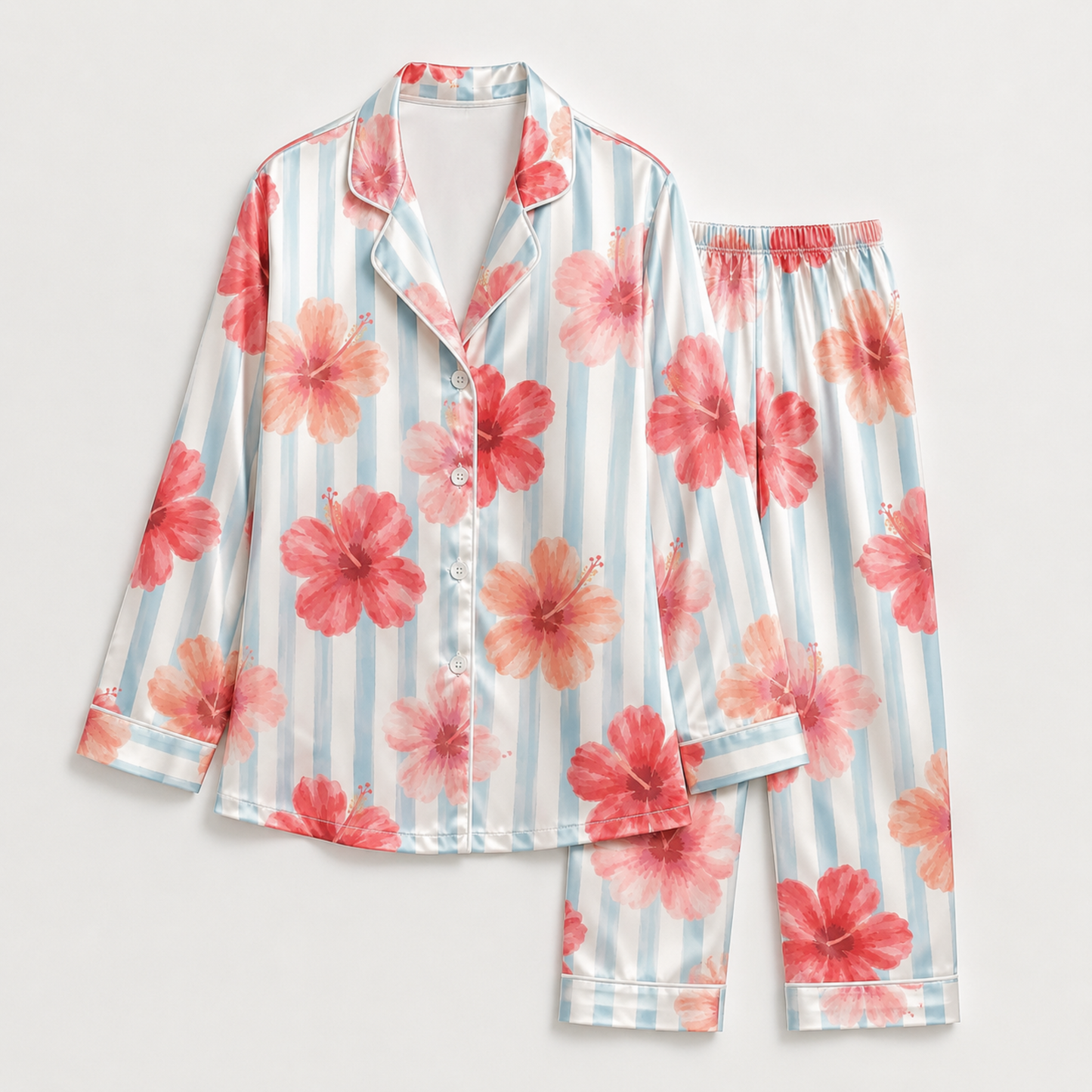 PJ-M164-Tropical Hibiscus Floral Striped Satin Pajama Set Pink Blue Two Piece Sleepwear Button Up Loungewear