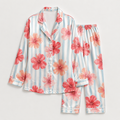 PJ-M164-Tropical Hibiscus Floral Striped Satin Pajama Set Pink Blue Two Piece Sleepwear Button Up Loungewear