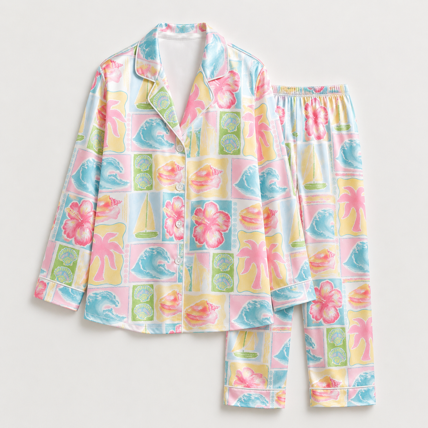 PJ-M165-Pastel Coastal Tropical Satin Pajama Set Patchwork Beach Two Piece Sleepwear Button Up Loungewear
