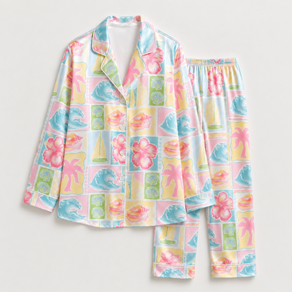 PJ-M165-Pastel Coastal Tropical Satin Pajama Set Patchwork Beach Two Piece Sleepwear Button Up Loungewear
