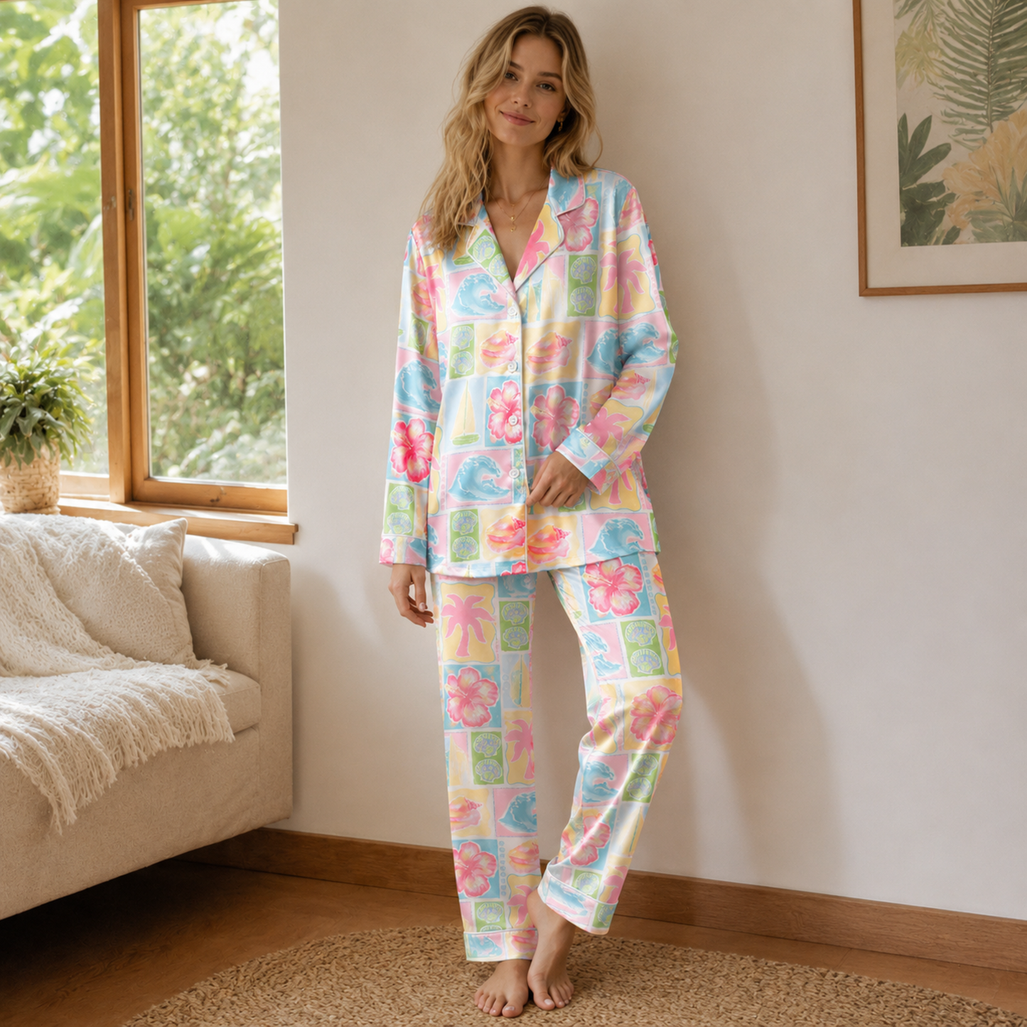 PJ-M165-Pastel Coastal Tropical Satin Pajama Set Patchwork Beach Two Piece Sleepwear Button Up Loungewear