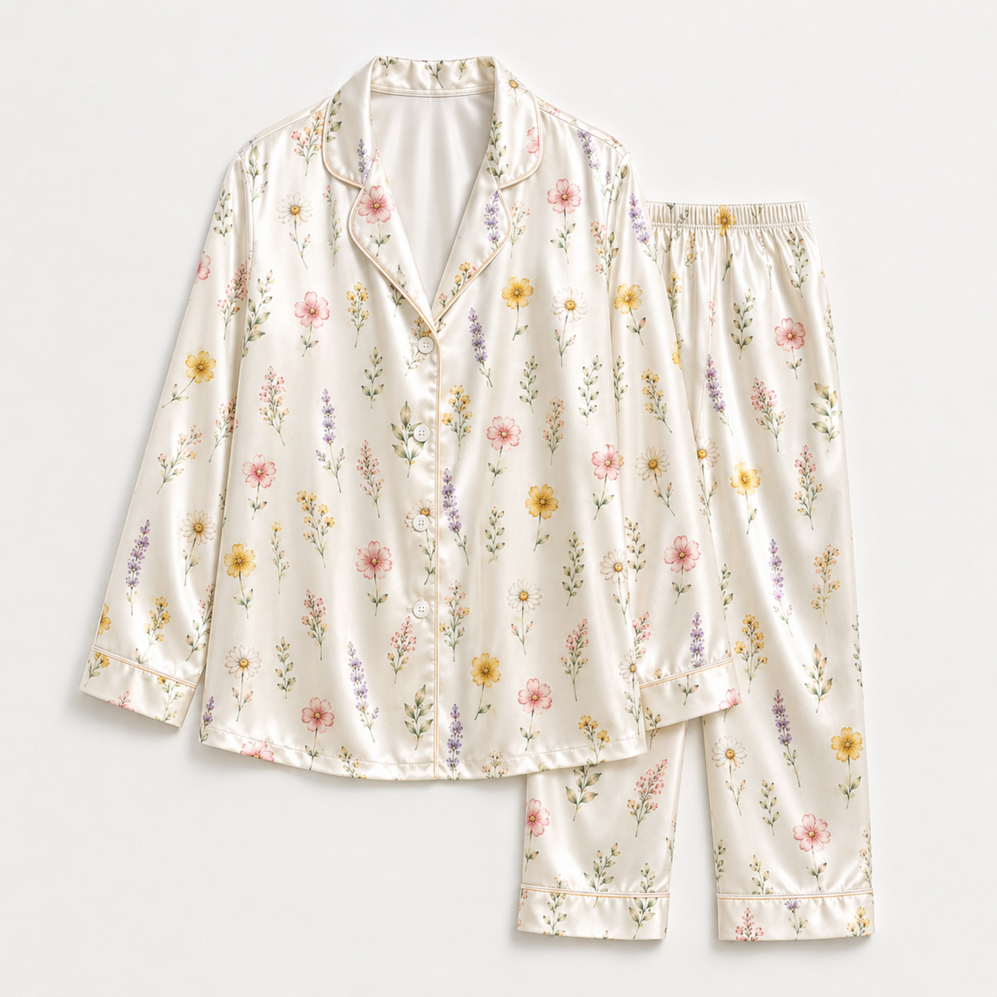 PJ-M166-Cream Wildflower Floral Satin Pajama Set Two Piece Sleepwear Button Up Botanical Loungewear