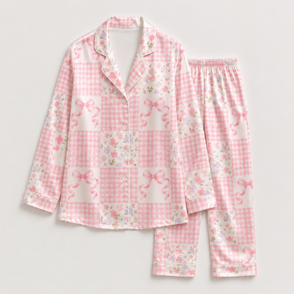 PJ-M167-Pink Gingham Patchwork Floral Bow Satin Pajama Set Two Piece Sleepwear Button Up Coquette Loungewear