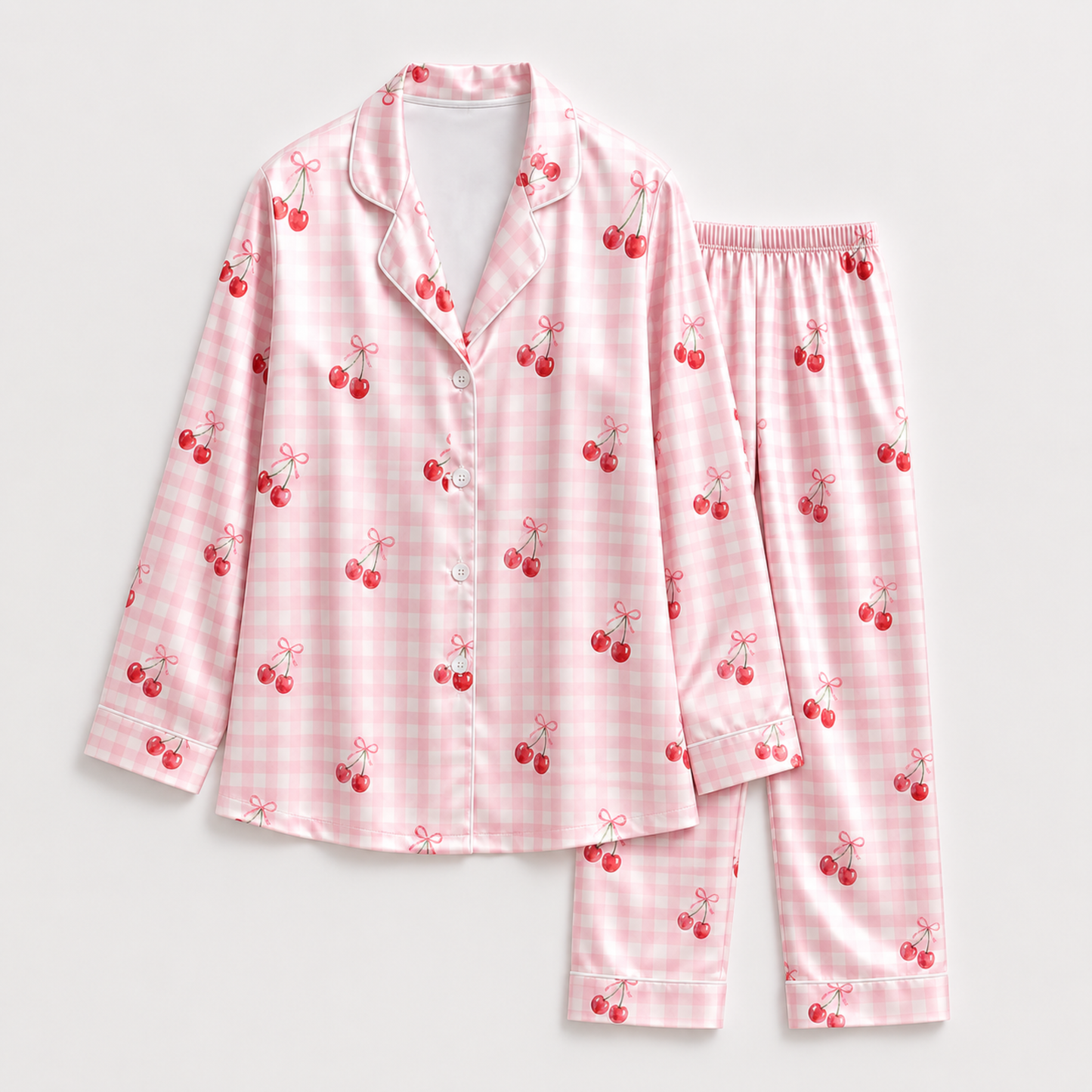 PJ-M168-Pink Gingham Cherry Bow Satin Pajama Set Coquette Two Piece Sleepwear Button Up Loungewear