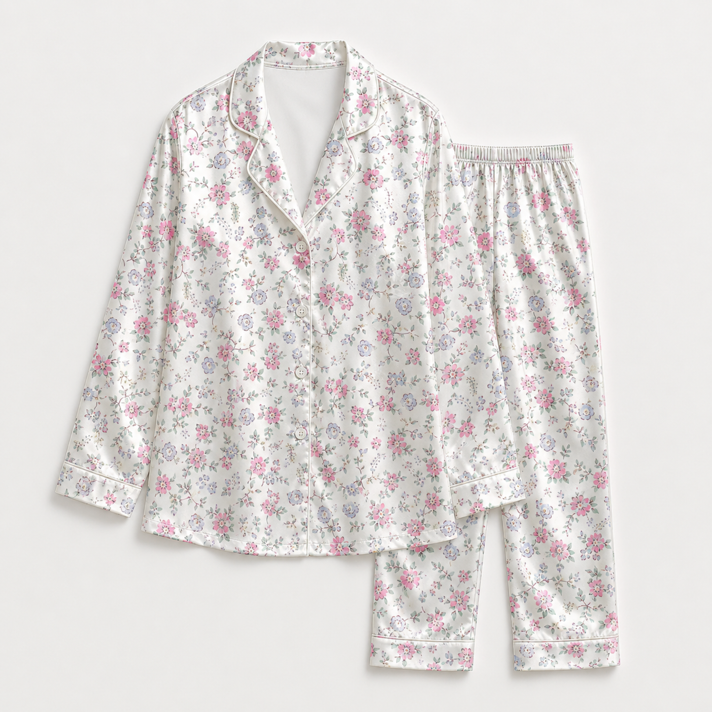 PJ-M169-White Ditsy Floral Satin Pajama Set Pink Blue Flowers Two Piece Sleepwear Button Front Loungewear