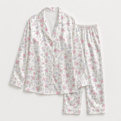 PJ-M169-White Ditsy Floral Satin Pajama Set Pink Blue Flowers Two Piece Sleepwear Button Front Loungewear