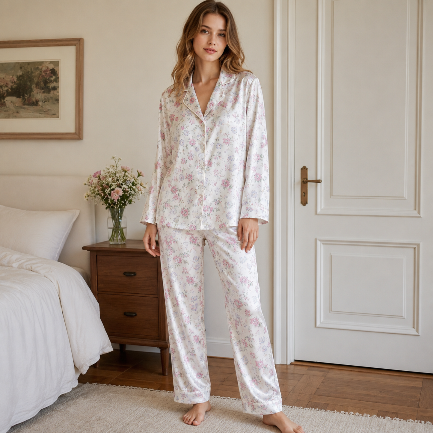 PJ-M169-White Ditsy Floral Satin Pajama Set Pink Blue Flowers Two Piece Sleepwear Button Front Loungewear