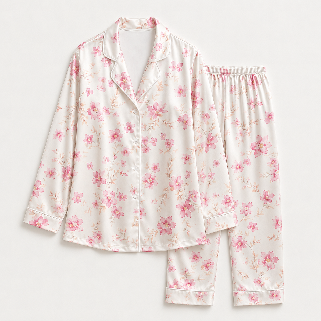 PJ-M170-White Satin Floral Pajama Apparel, Pink Blossom Pattern Loungewear Sleepwear Collection Top Bottom Clothing
