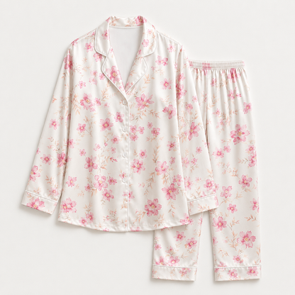 PJ-M170-White Satin Floral Pajama Apparel, Pink Blossom Pattern Loungewear Sleepwear Collection Top Bottom Clothing