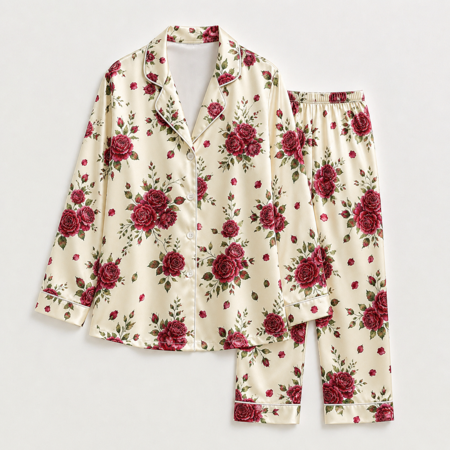 PJ-M171-Cream Satin Rose Pajama Apparel, Floral Botanical Pattern Loungewear Sleepwear Collection Top Bottom Clothing