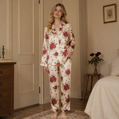 PJ-M171-Cream Satin Rose Pajama Apparel, Floral Botanical Pattern Loungewear Sleepwear Collection Top Bottom Clothing