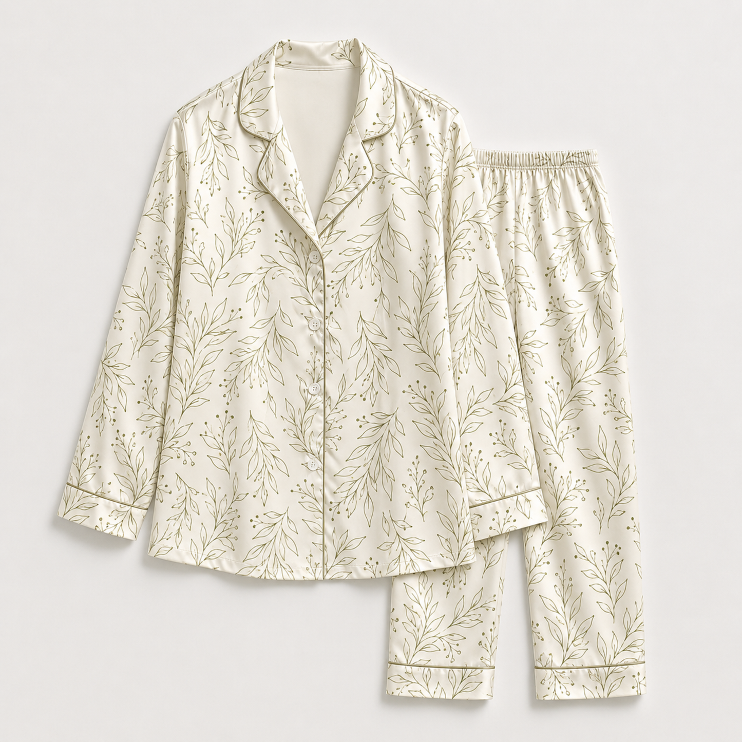 PJ-M172-Beige Foliage Pajama Apparel, Sweet Printed Loungewear Sleepwear Collection Top Bottom Attire