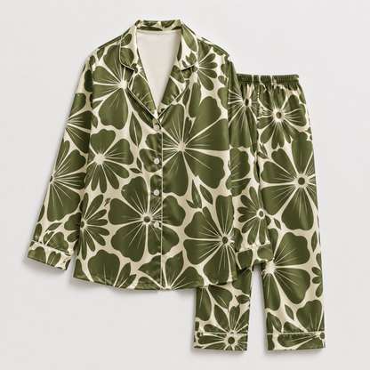 PJ-M173-Moss Satin Nightwear Pajama Apparel, Whimsical Petal Component Loungewear Sleepwear Collection Top Bottom Garments