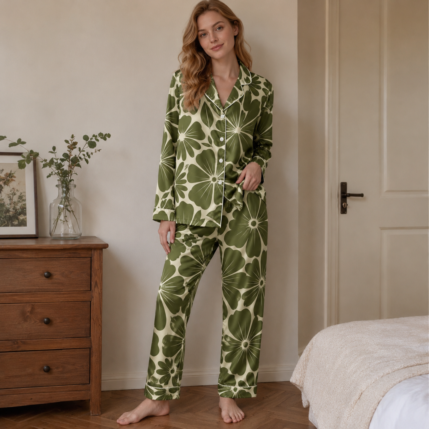 PJ-M173-Moss Satin Nightwear Pajama Apparel, Whimsical Petal Component Loungewear Sleepwear Collection Top Bottom Garments
