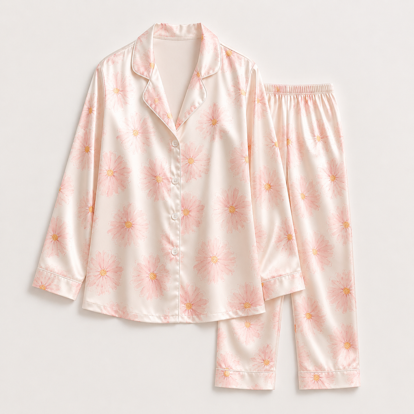 PJ-M174-Ivory Silk Aesthetic Pajama Apparel, Botanical Graphic Loungewear Sleepwear Collection Top Bottom Matching Raiment