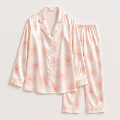PJ-M174-Ivory Silk Aesthetic Pajama Apparel, Botanical Graphic Loungewear Sleepwear Collection Top Bottom Matching Raiment