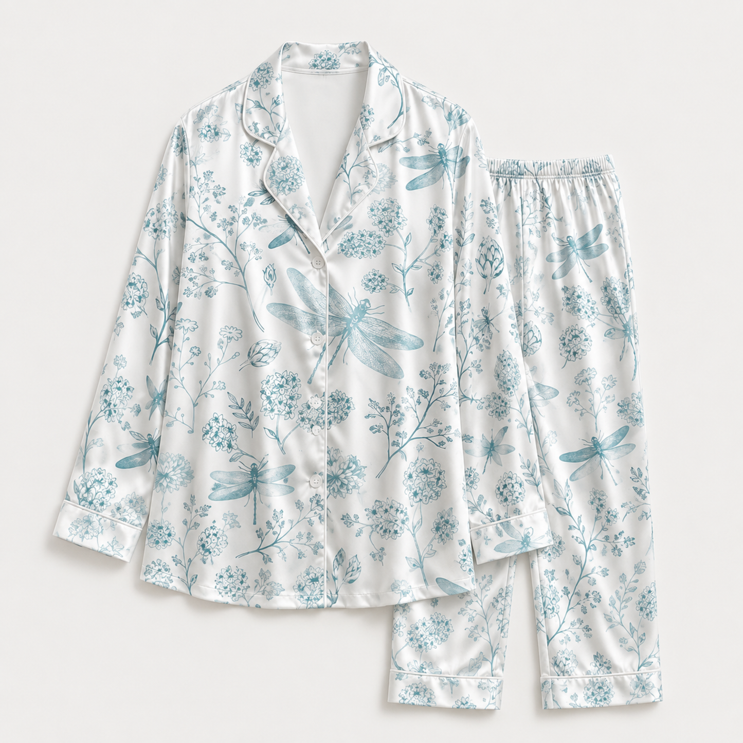 PJ-M175-Blue Satin Dragonfly Pajama Apparel, Botanical Floral Pattern Loungewear Sleepwear Collection Top Bottom Clothing